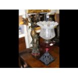 A Victorian oil lamp together with a table lamp