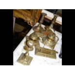 A brass pen and ink stand, candlesticks etc