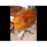 An antique mahogany tripod table with carved base