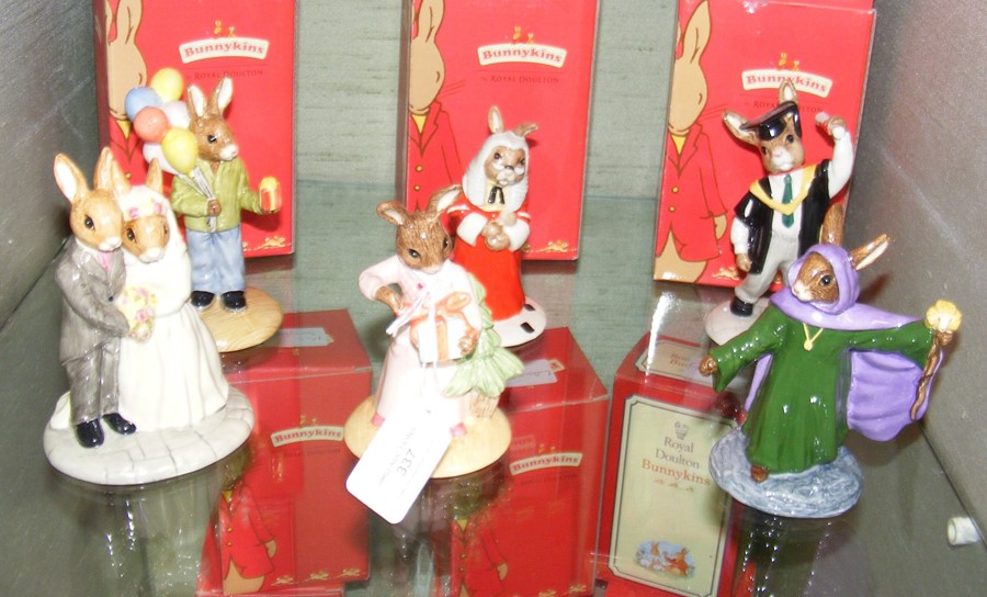 Six boxed Bunnykins figures including Merlin, Judg