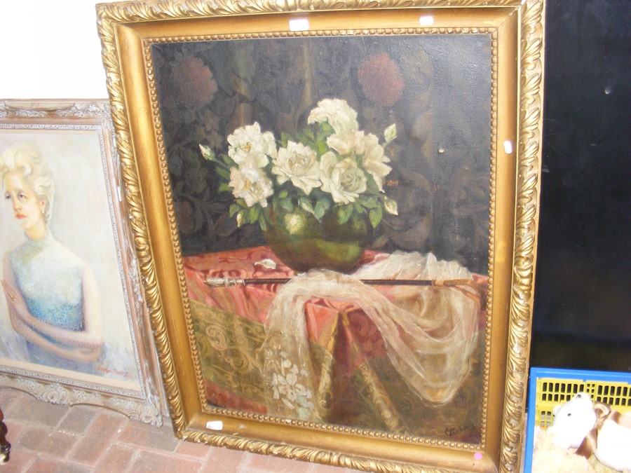 A large still life oil on canvas in gilt frame, si - Image 7 of 7