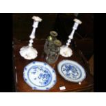 A pair of octagonal oriental plates, candlesticks,
