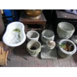Selection of garden pots, enamel birdbath on stand
