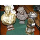 Antique Miner's lamp, together with two busts