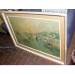 An Italian oil on canvas - boats and plaza scene -