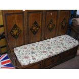 Antique panelled back settle with inlaid floral de