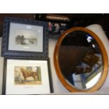 Oval wall mirror, together with two pictures
