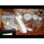 Silver back dressing table set, scent bottles