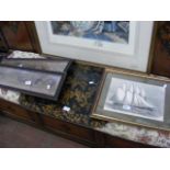 A pair of coaching engravings, papier mache tray,