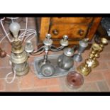 Pewter ware, a pair of antique brass candlesticks,