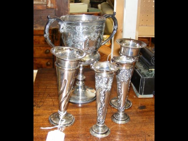 A pair of silver vases, together with other silver