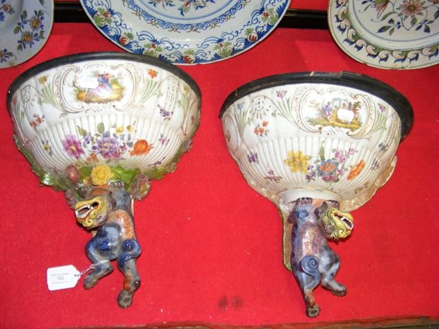 An unusual pair of Dresden ceramic wall brackets,