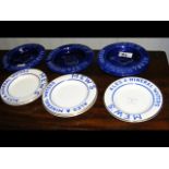 Four blue glazed Mew's pub ashtrays, together with