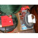 A box of train accessories, outbuildings, turntabl