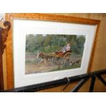 A maple framed and glazed print depicting donkey c