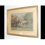 C ACKLAND HUNT - pastel depicting horses in farmya