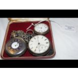 Three old silver pocket watches with chains