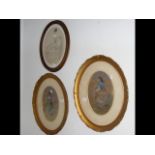 A pair of oval pictures of ladies dancing, togethe