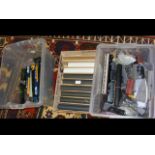 Three containers of model railway coaches and othe
