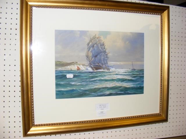 A D BELL - watercolour of three masted ship off Do