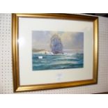 A D BELL - watercolour of three masted ship off Do