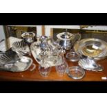Selection of plated ware, silver top oil bottles