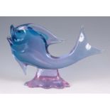 A MURANO BLUE AND PURPLE GLASS STYLISED FISH signed to the underside 'Lamo Seguso' 23cm high 38cm