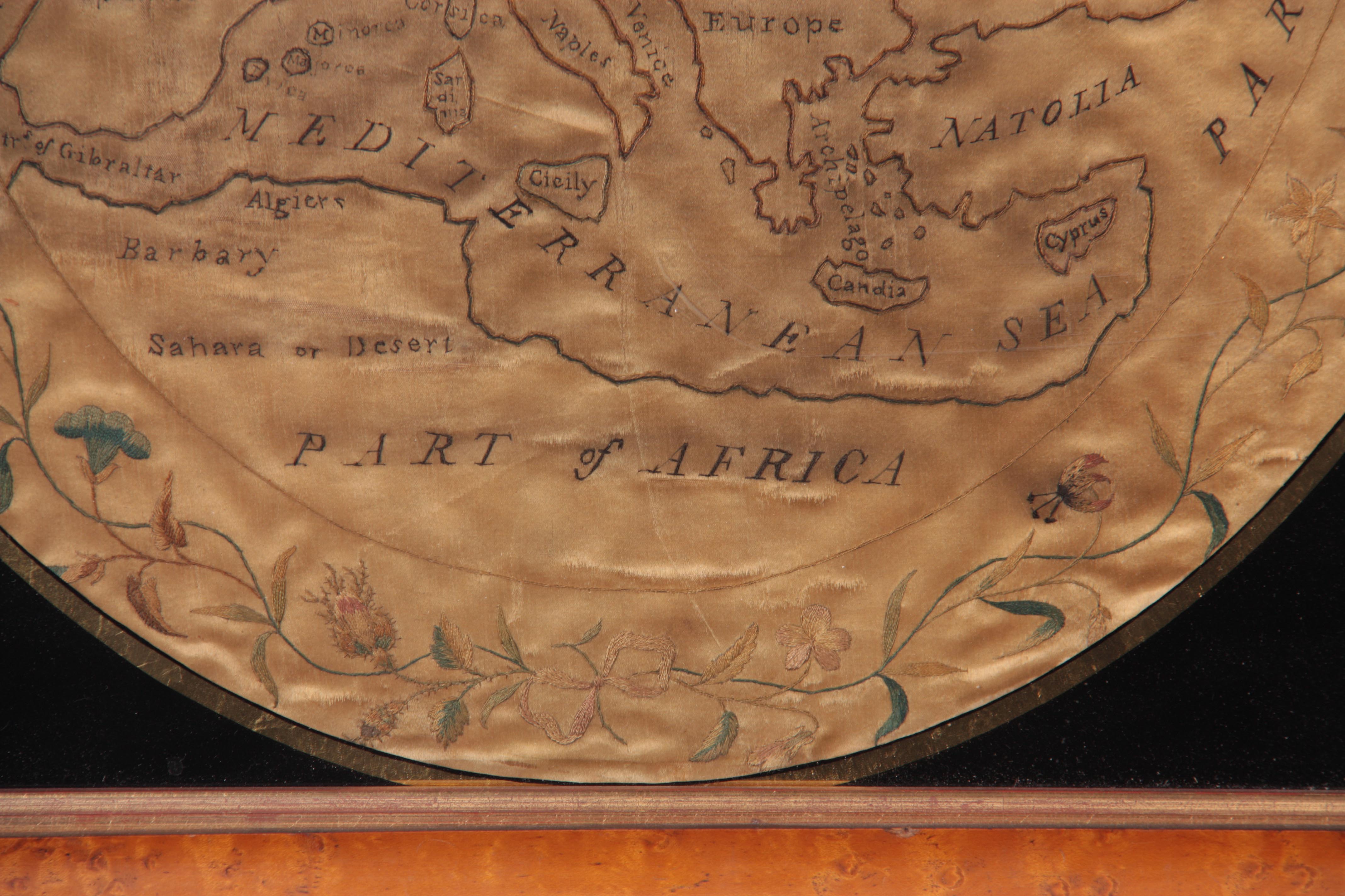 AN EARLY 19TH CENTURY SILKWORK MAP OF EUROPE circa 1800 - in a glazed birds eye maple moulded - Image 4 of 4