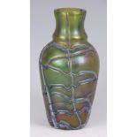 AN ART NOUVEAU KRALIC GREEN LUSTRE GLASS VASE having blue marble finished piping 21cm high.