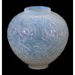 RENE LALIQUE. AN OPALESCENT GLASS GUI VASE of bulbous shape with impressed mark and engraved