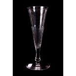 A MID 19TH CENTURY CHAMPAGNE / ALE GLASS with facetted stem and ringed foot 18cm high.