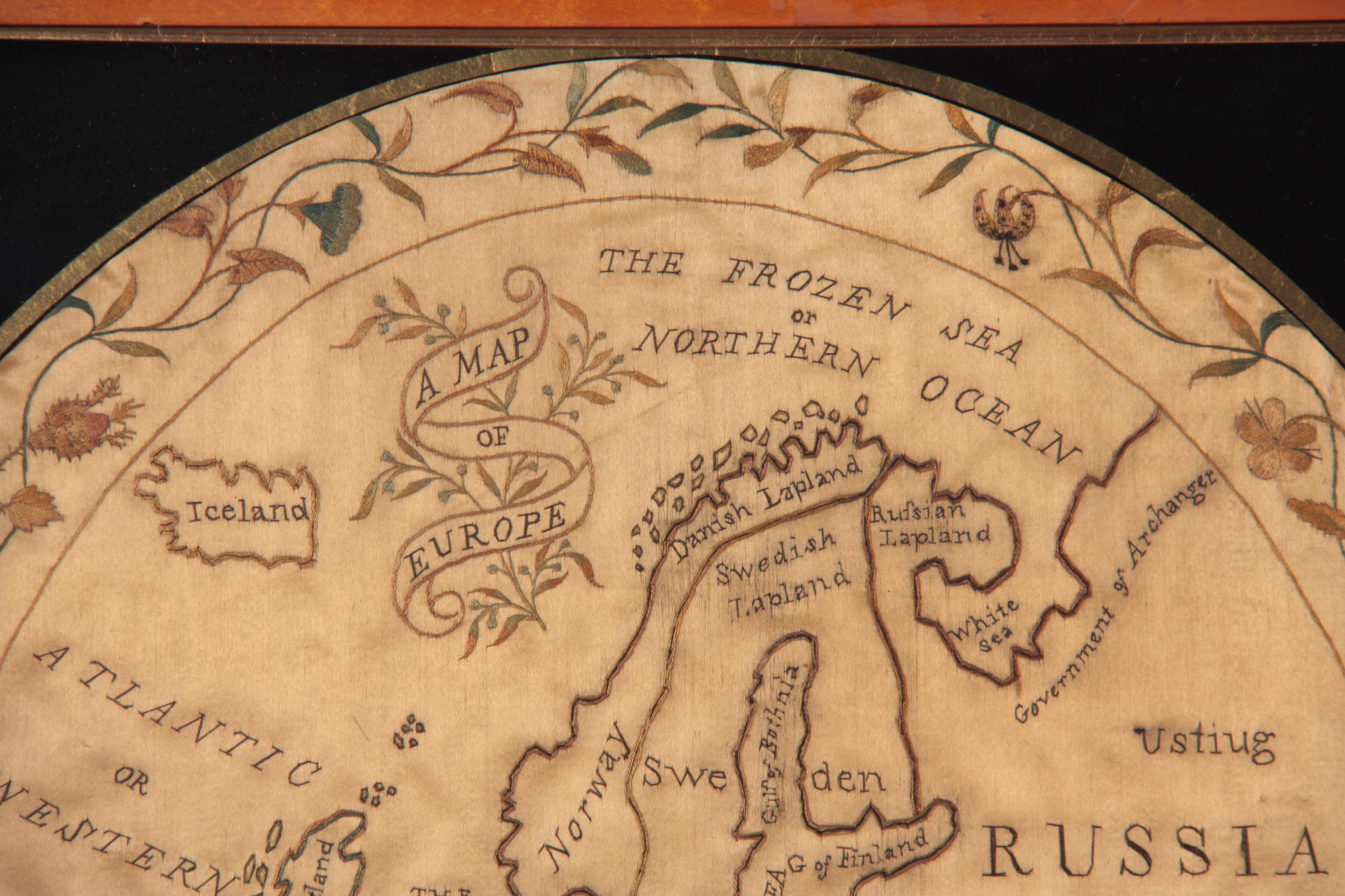 AN EARLY 19TH CENTURY SILKWORK MAP OF EUROPE circa 1800 - in a glazed birds eye maple moulded - Image 2 of 4