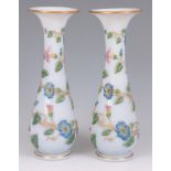 A PAIR OF EARLY 20TH CENTURY FRENCH BACCARAT OPALINE OVERLAID GLASS VASES of tapering ovoid form