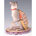 A MID 19th CENTURY SLOVAKIAN BISC GREYHOUND brightly painted having a chequered coat with gilt hem