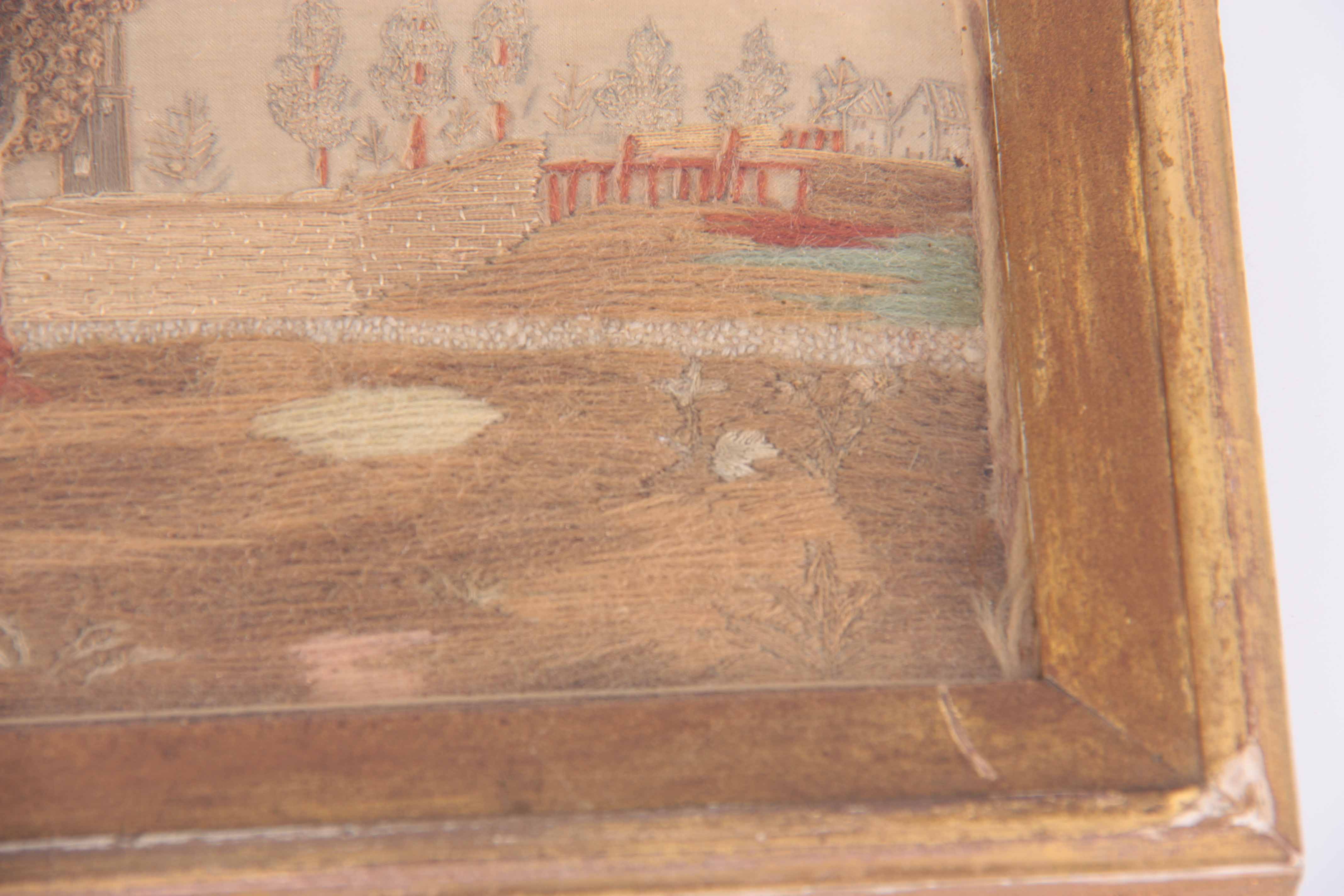 AN 18TH CENTURY STUMPWORK EMBROIDERY ON SILK depicting a large country house done in long stitch, - Image 3 of 5