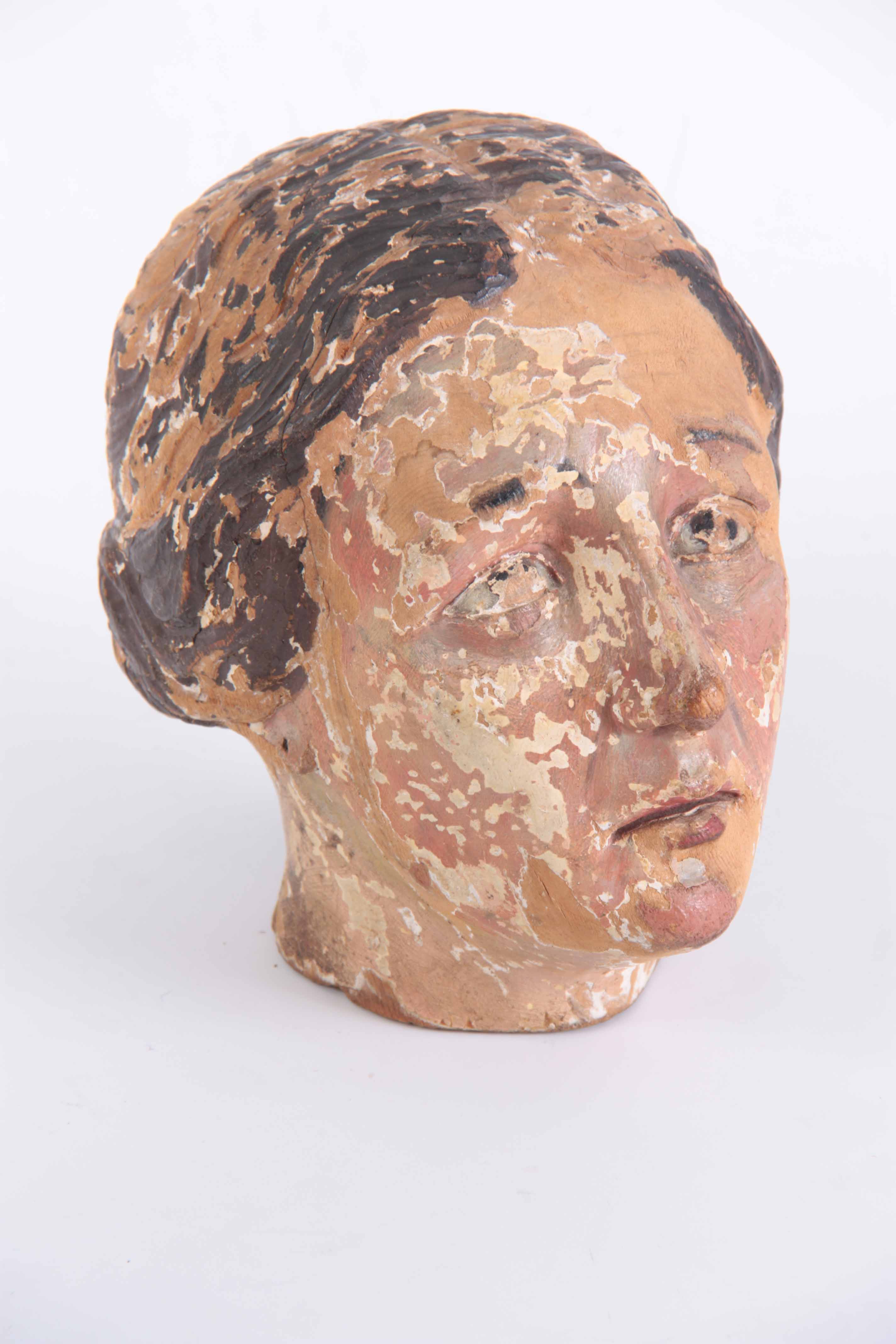 AN EARLY ITALIAN POLYCHROME PAINTED CARVED HEAD OF A FEMALE SAINT – 20cm high 22cm wide - Image 3 of 4