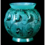 R. LALIQUE LE MANS VASE cased mint opalescent highlighted with black staining - impressed R.