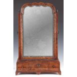 A FINE GEORGE I HERRING-BANDED BURR WALNUT TOILET MIRROR with shaped top cross-grained and gilt-