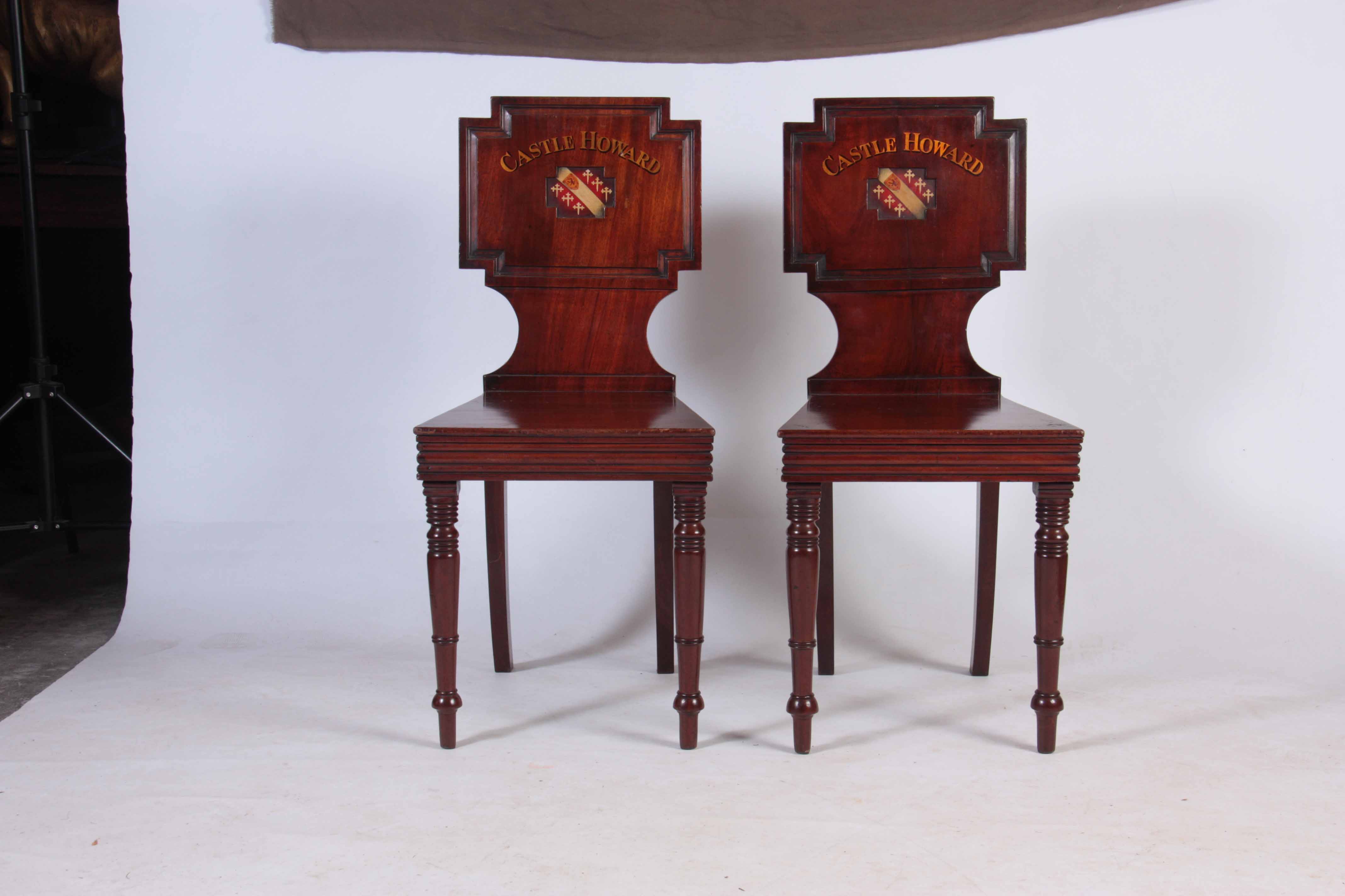A PAIR OF LATE GEORGIAN MAHOGANY HALL CHAIRS with painted backs reading Castle Howard with coats - Image 9 of 9
