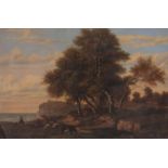 19TH CENTURY OIL ON CANVAS. French country scene with grazing cattle and sheep 32.5cm high, 46.5cm