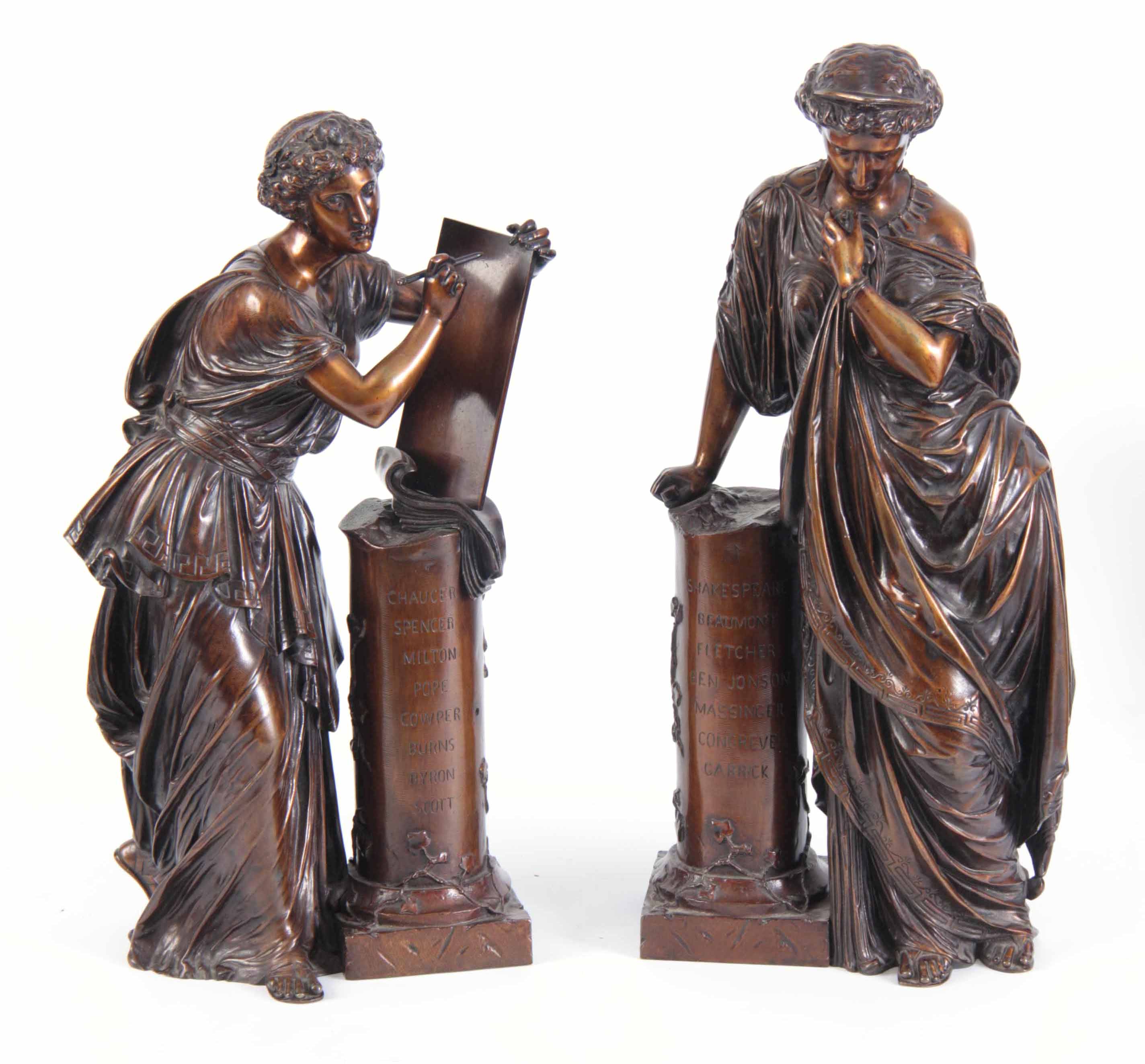 A PAIR OF EARLY 20TH CENTURY BRONZE NEO-CLASSICAL STYLE FIGURES representing the arts 47cm high