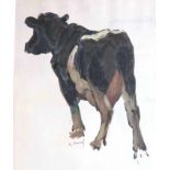 A 20TH CENTURY OIL ON PAPER DEPICTING A COW SIGNED A.J. MUNNINGS in a later glazed gilt frame 36.5cm