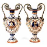 A PAIR OF LARGE 19TH CENTURY MAIOLICA / MAJOLICA VASES decorated with portraits of ladies and