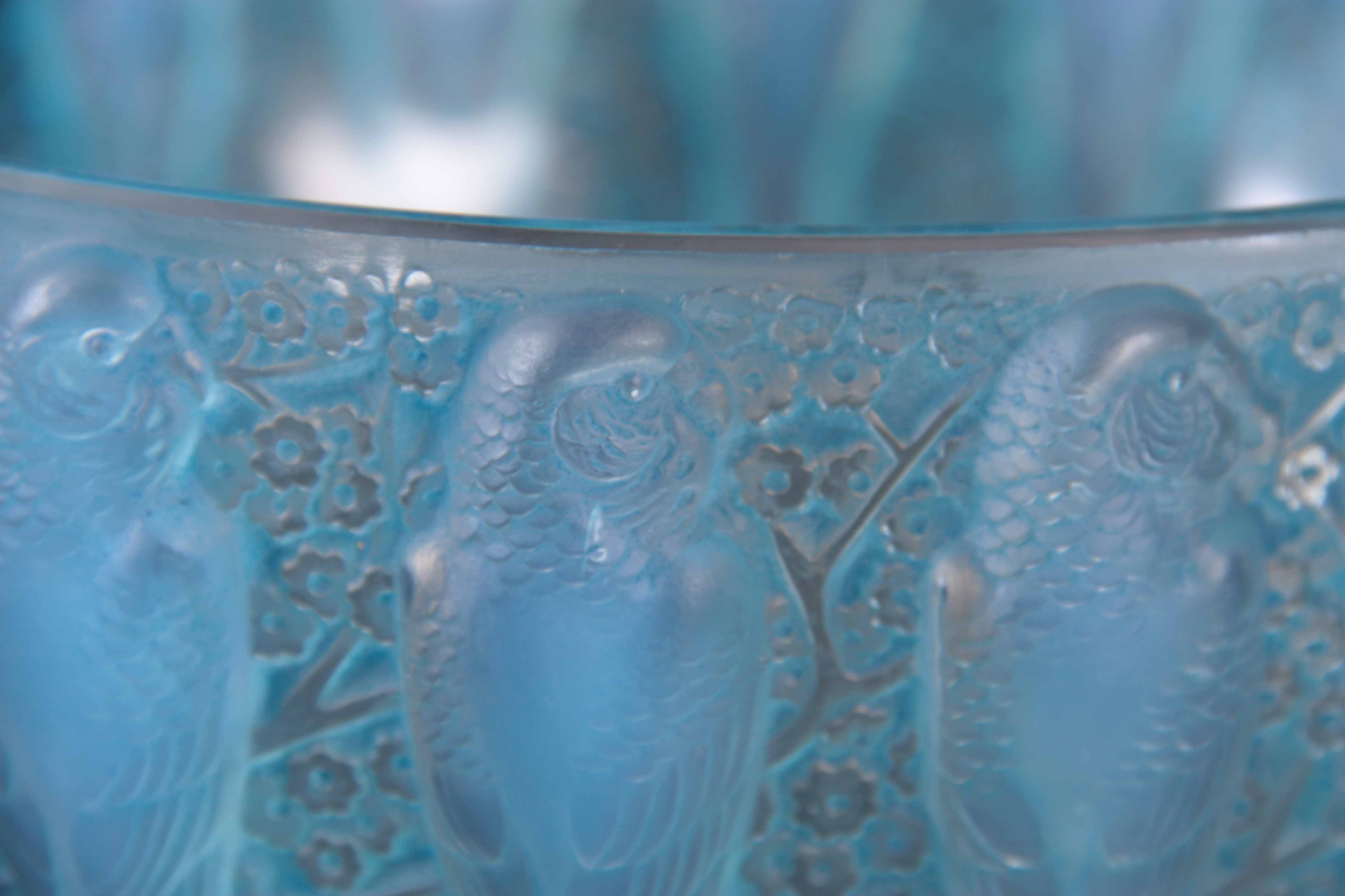 R. LALIQUE AN OPALESCENT GLASS PERRUCHES BOWL highlighted with blue staining - impressed mark R. - Image 2 of 4