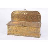 AN 18TH CENTURY WALL HANGING BRASS CANDLE BOX with chase decoration dated 1713 - 24.5cm high 34cm