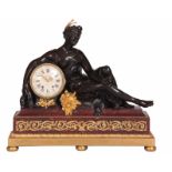 BREGUET, A PARIS. A MONUMENTAL EARLY 19TH CENTURY FRENCH BRONZE, ORMOLU AND MARBLE FIGURAL MANTEL