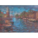 JOHN MACKIE. A LATE 20TH CENTURY SCOTTISH PASTEL DRAWING depicting a continental cannel scene with