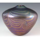 A 20TH CENTURY JOHN DITCHFIELD GLASS FORM IRIDESCENT GLASS VASE, signed and numbered 16cm high, 19cm