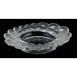 LALIQUE FRANCE, A 20TH CENTURY GLASS OVAL SHAPED BOWL with entwined frosted rim - signed in capitals