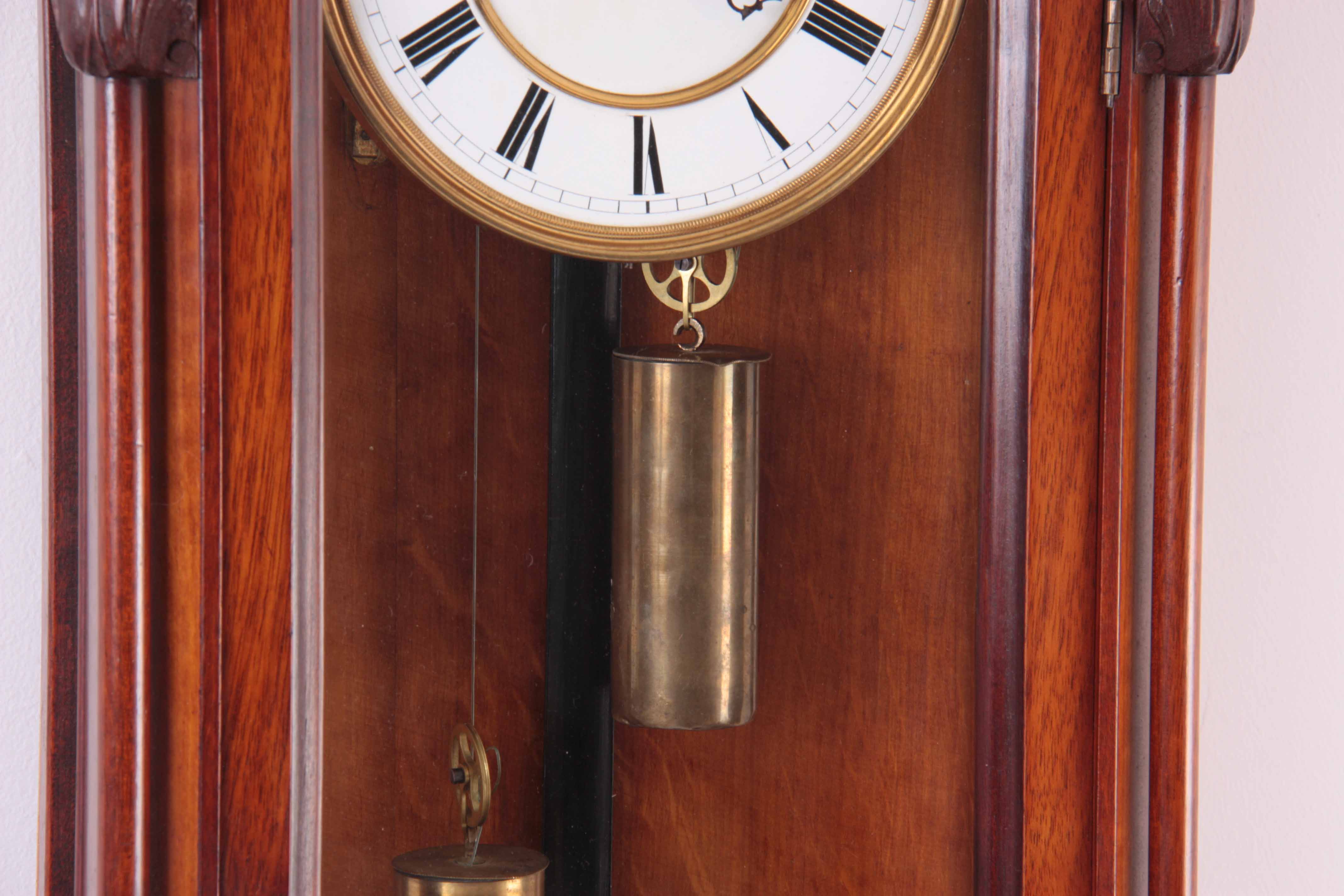 A LATE 19TH CENTURY GERMAN WALNUT VIENNA STYLE WALL CLOCK the case with detachable carved pediment - Image 5 of 8